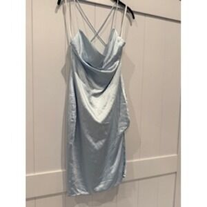 Superdown Women's Blue Satin Cowl Neck Criss Cross Back Party Cocktail Dress